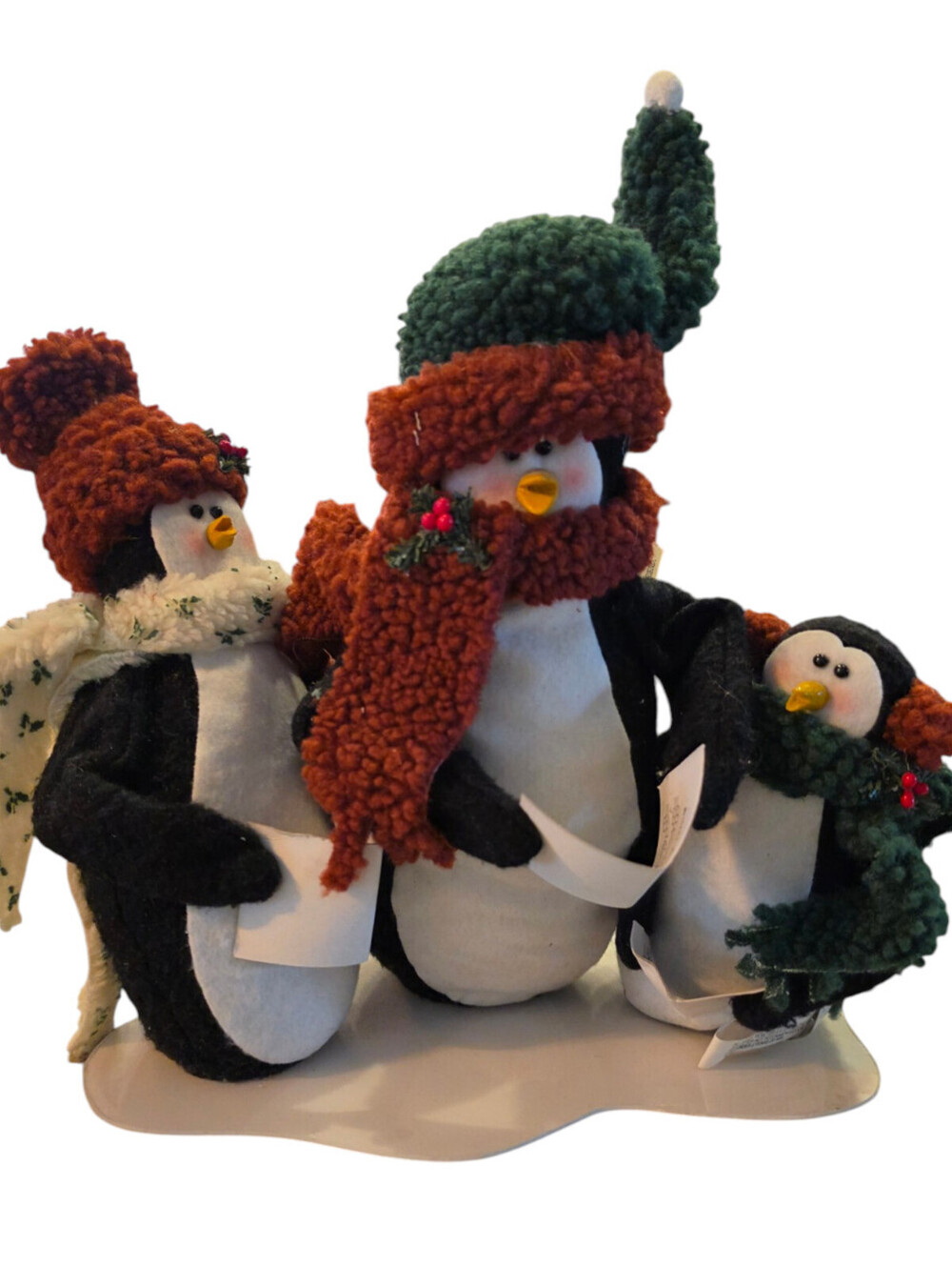Cottagecore fabric and yarn-textured stuffed Christmas penguin Plush Carolers